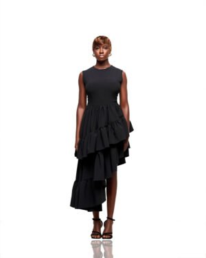 Asymmetric Tiered Ruffle Black Midi Dress