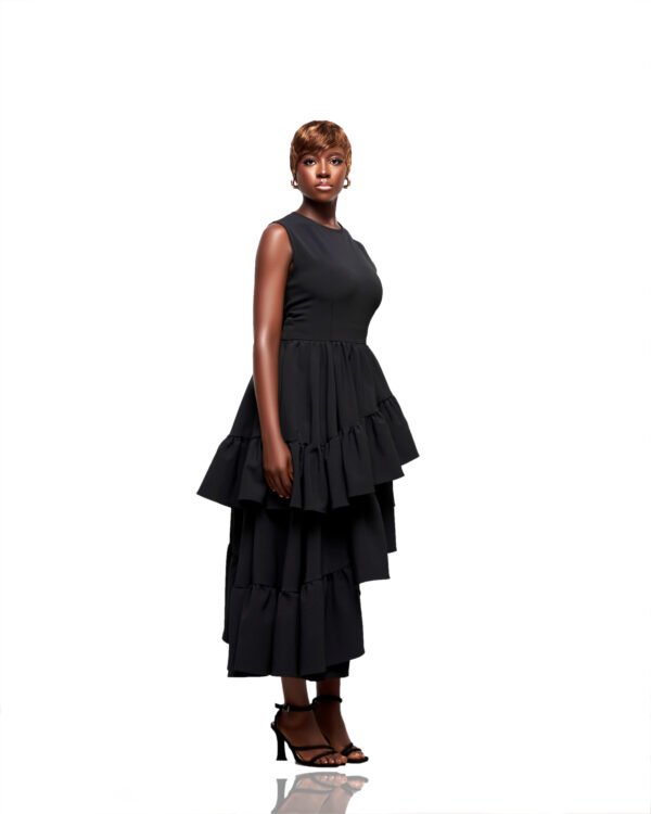 Asymmetric Tiered Ruffle Black Midi Dress - Image 3