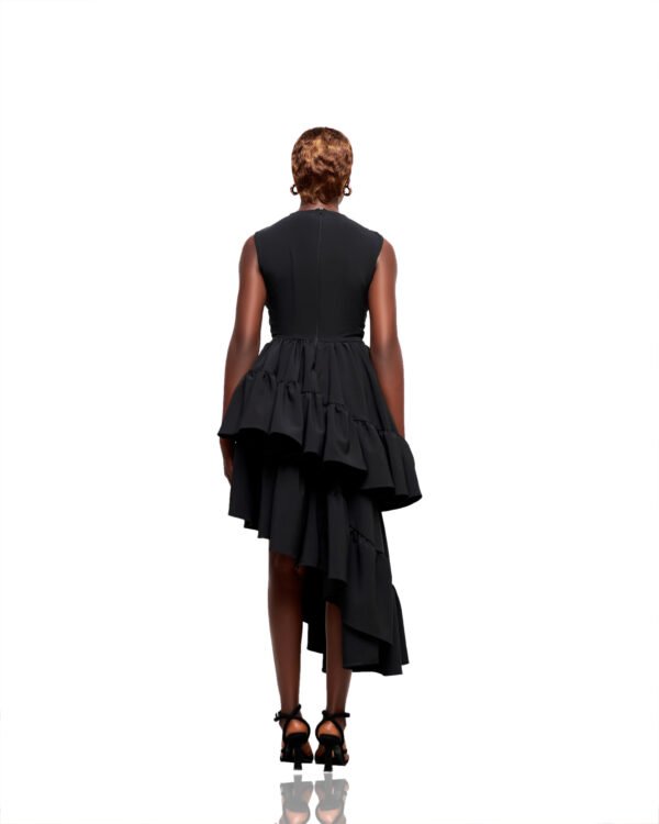 Asymmetric Tiered Ruffle Black Midi Dress - Image 2
