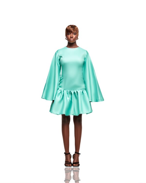 Mint Flare-Sleeve Satin Mini Dress
