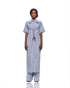 Striped Shirt Dress with Corset Detail and Matching Pants Set