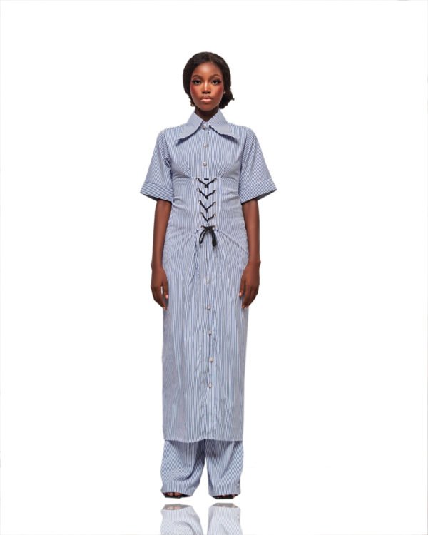 Striped Shirt Dress with Corset Detail and Matching Pants Set