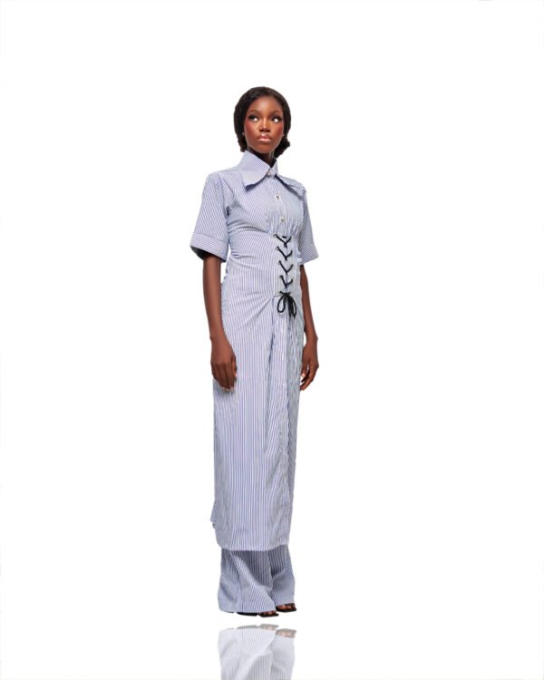 Striped Shirt Dress with Corset Detail and Matching Pants Set - Image 3