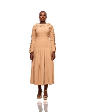 Camel Pleated Midi Dress with Ruched Sleeves