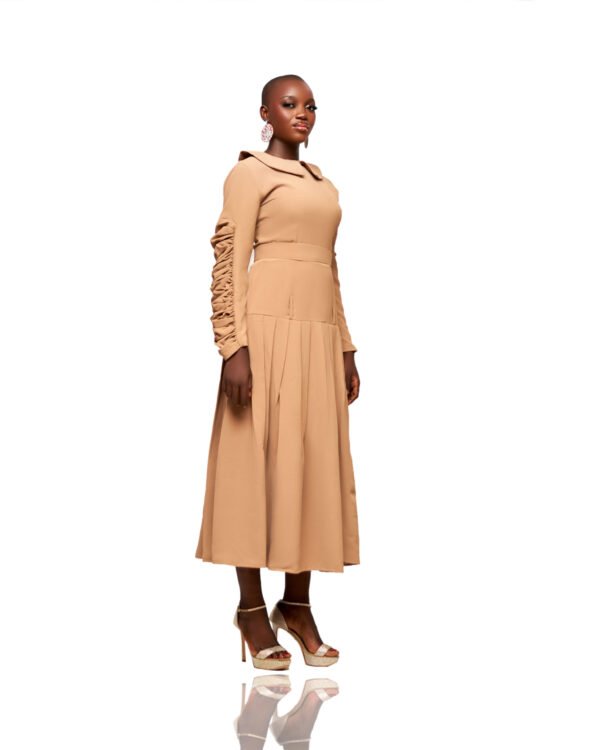 Camel Pleated Midi Dress with Ruched Sleeves - Image 3