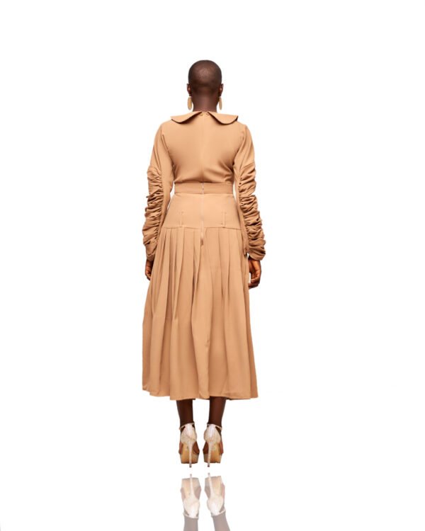 Camel Pleated Midi Dress with Ruched Sleeves - Image 2